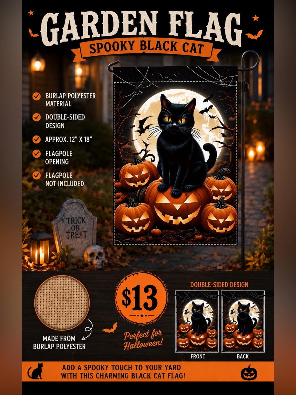 Garden Flag, Spooky Black Cat, burlap polyester, double-sided, approx 12” x 18”